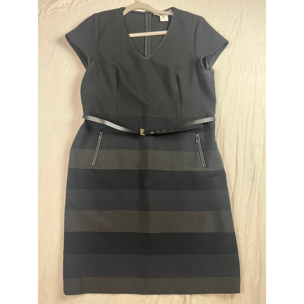 Gerard Darel Black Grey Striped Belted Sheath Dress V-Neck‎ Size 46 FR 14 US